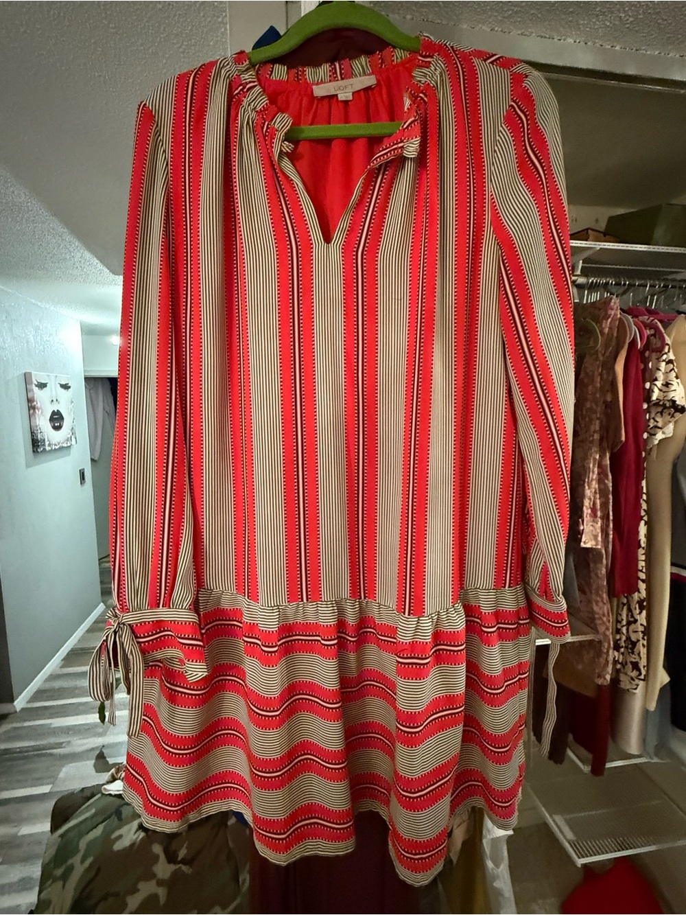 Red and Cream Striped Long Sleeve Tunic Dress